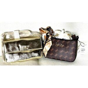 2-Nicole Miller Handbags, 1 Shiny Gold, One Brown Patterned w/ Chain Strap, NWT